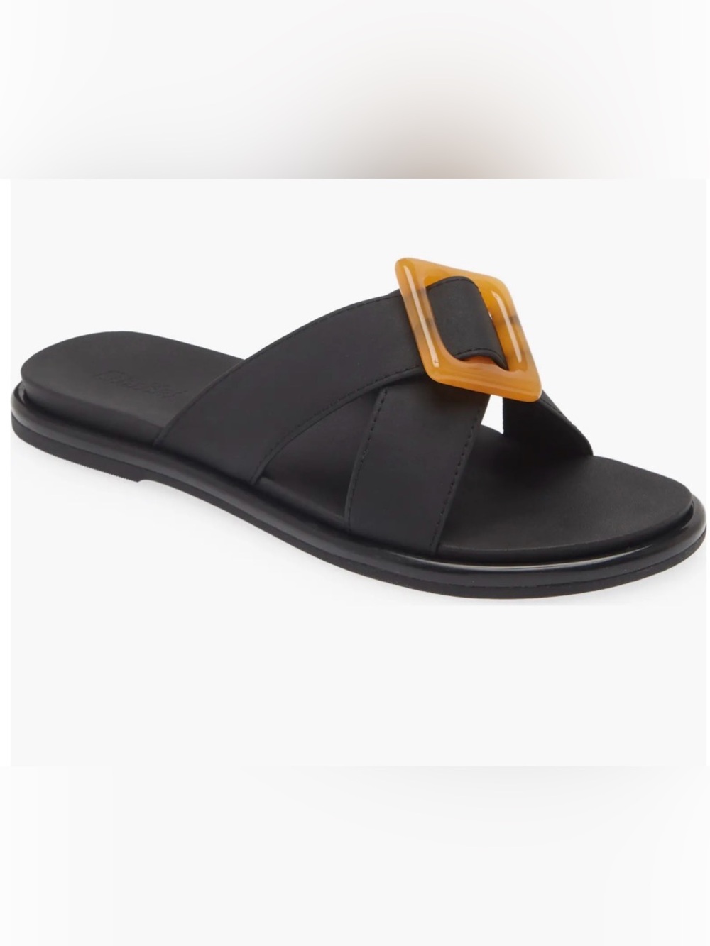 OluKai Black Slide Sandals with Amber Buckle Accent